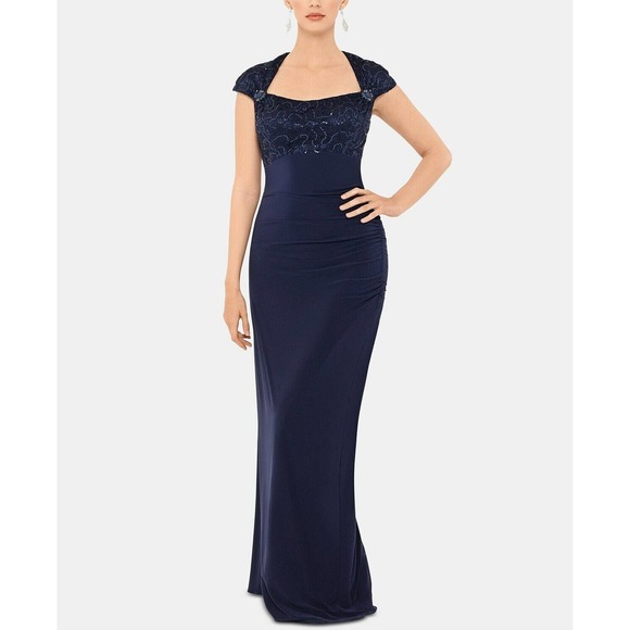 Betsy and Adam navy lace embellished top cap sleeve gown size 4 - Picture 3 of 5
